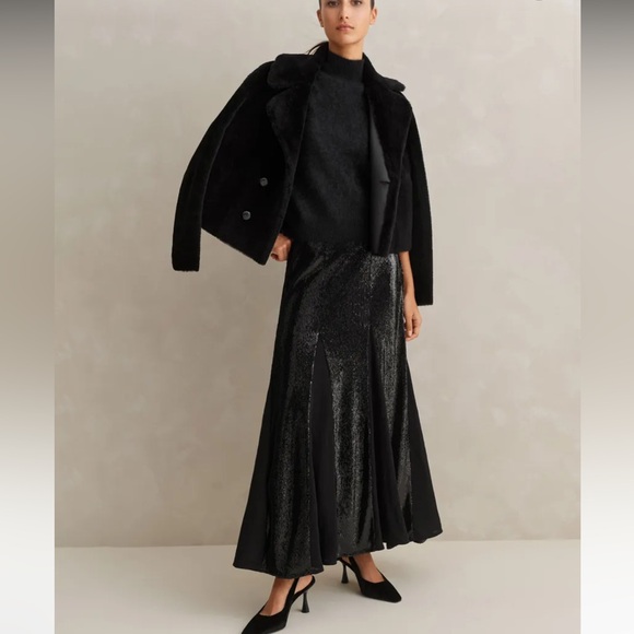 ✌️sold✌️Nwt ME+EM Sequin + Georgette Godet Maxi Skirt Sequinned Satin Black 10 - Picture 7 of 16